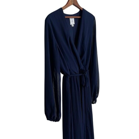 DB Studio Surplice Long Sleeve Faux Wrap Tie Belt Chiffon Maxi Dress Navy Sz 14 - Picture 2 of 7